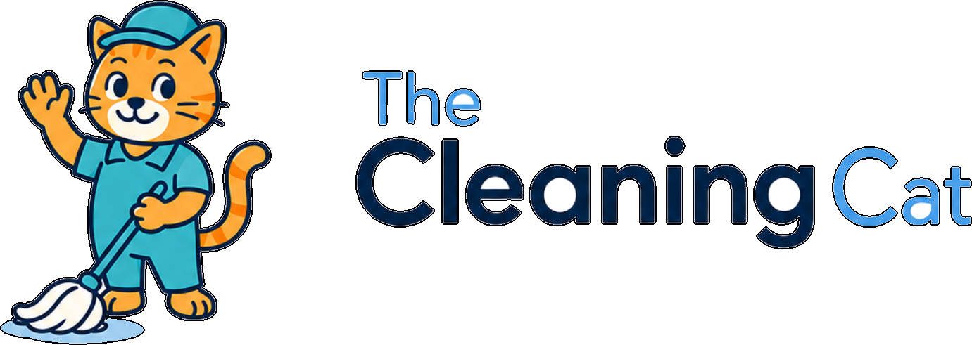 The Cleaning Cat logo, a cartoon cat in a cleaning uniform holding a mop