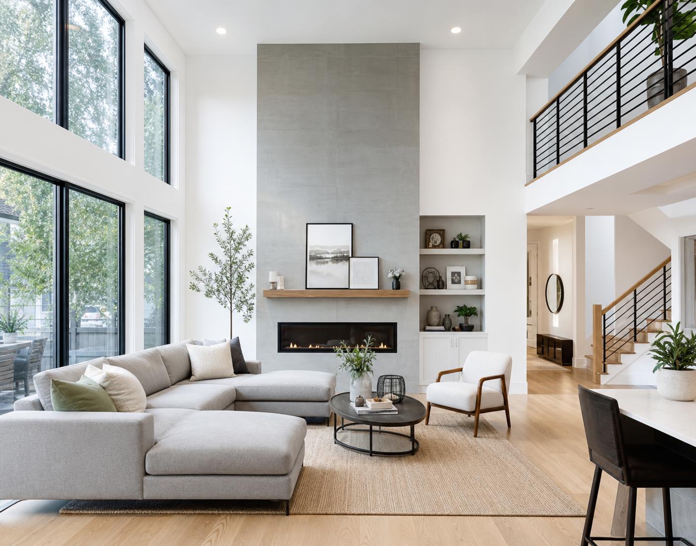 Modern bright living room with floor-to-ceiling windows after a professional house cleaning in Edmonton
